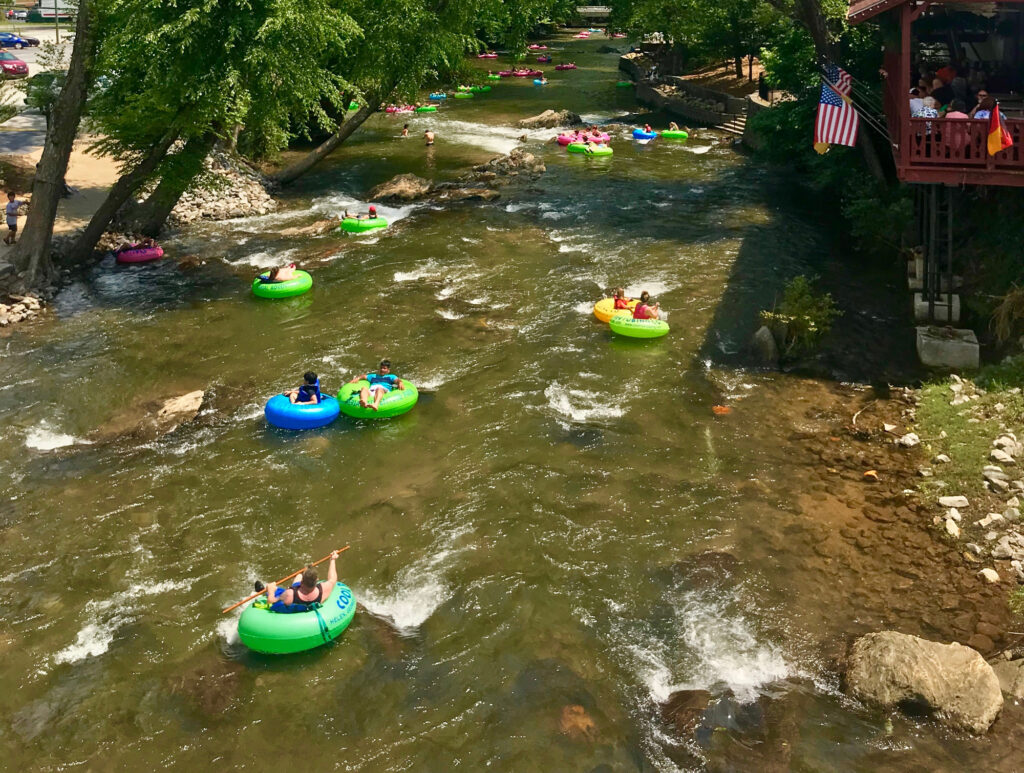 Helen Georgia what to do – Visitors tubing on the Chattahoochee River near Days Inn Helen GA