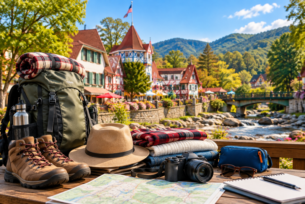 Helen GA Travel Checklist featuring essential packing items, hiking boots, a backpack, warm clothing, and travel gear against a scenic Helen, Georgia, mountain village backdrop.